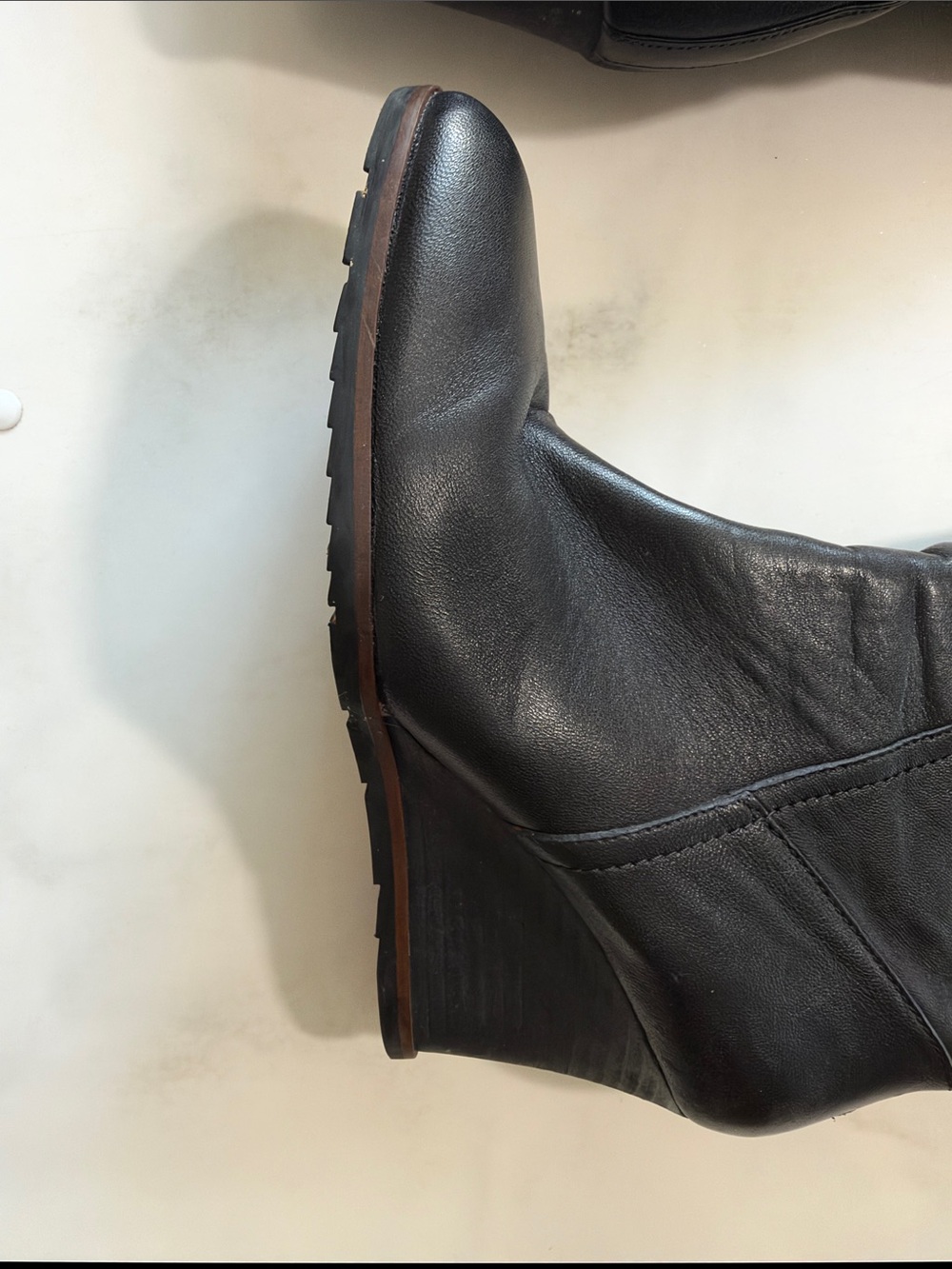 Women's Black Leather Knee-High Wedge Boots - Picture 10 of 15